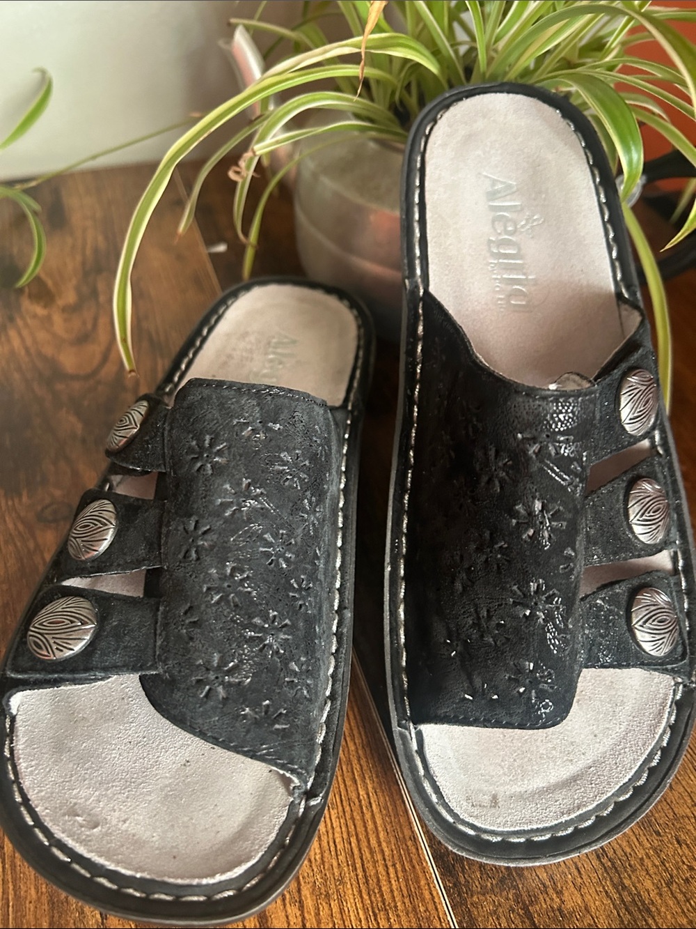 Alegria Black Embossed Leather Slide Clogs with Decorative Buttons